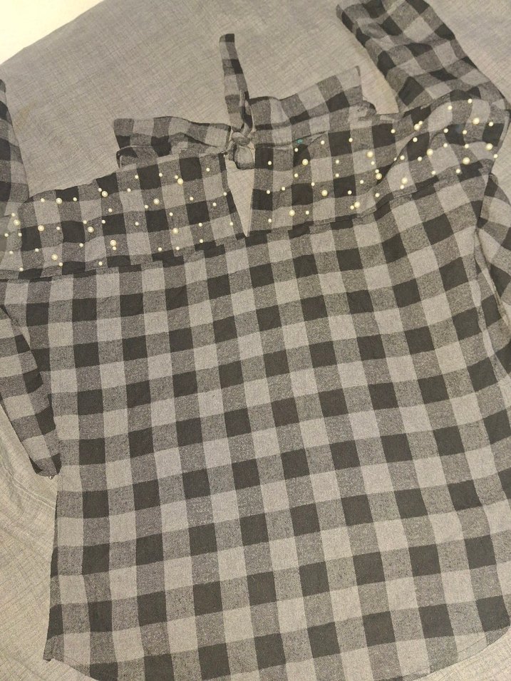 Düğmeli Gri Kareli Kadın Gömlek - Görsel 2