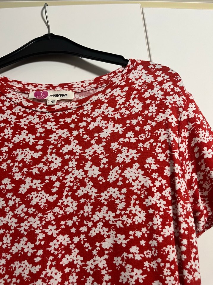 Kısa Kollu Kırmızı Çiçek Desenli Mini Elbise - Görsel 3