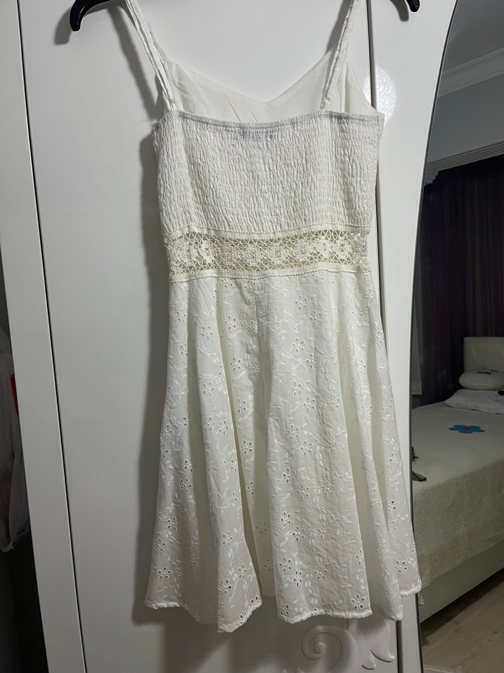 Beyaz Bohem Dantelli Mini Elbise - Görsel 4