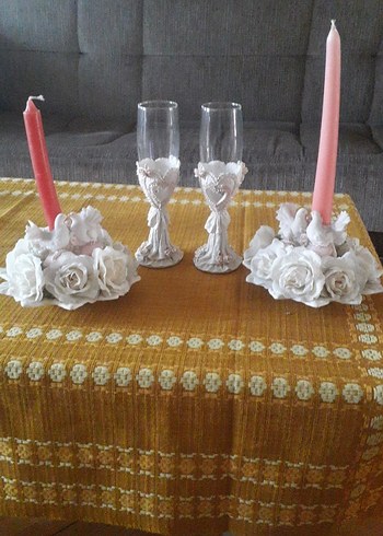 Beyaz Gül Detaylı Mumluk ve Kadeh seti