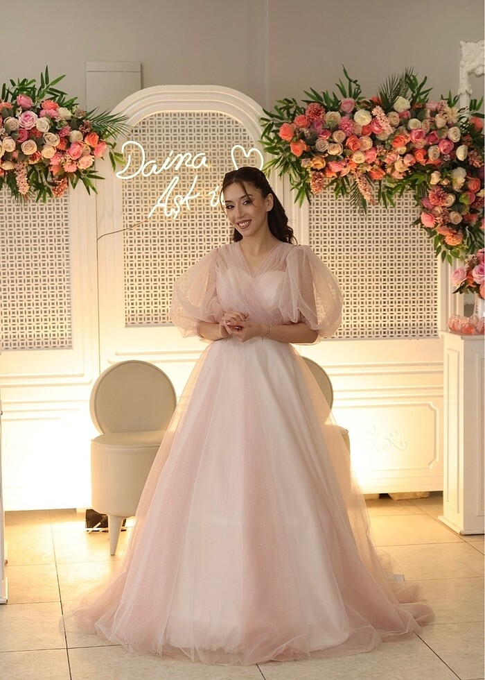 Nişan balon kol prenses elbisesi pudra - Görsel 3