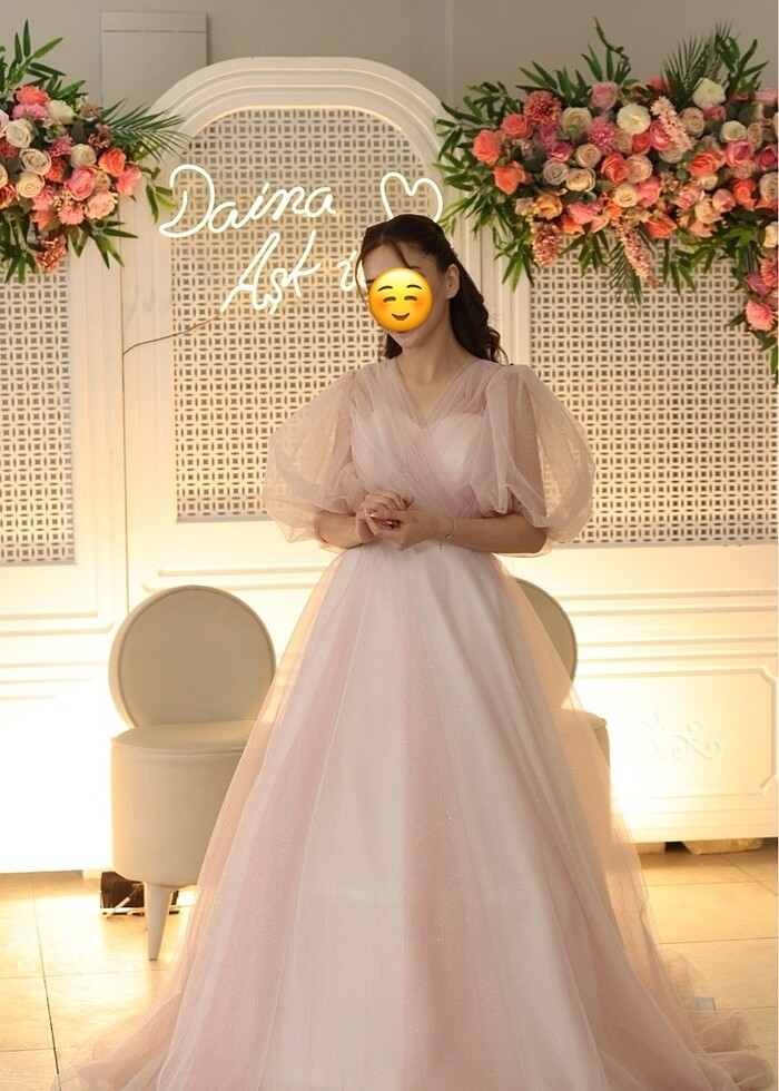 Nişan balon kol prenses elbisesi pudra - Görsel 4