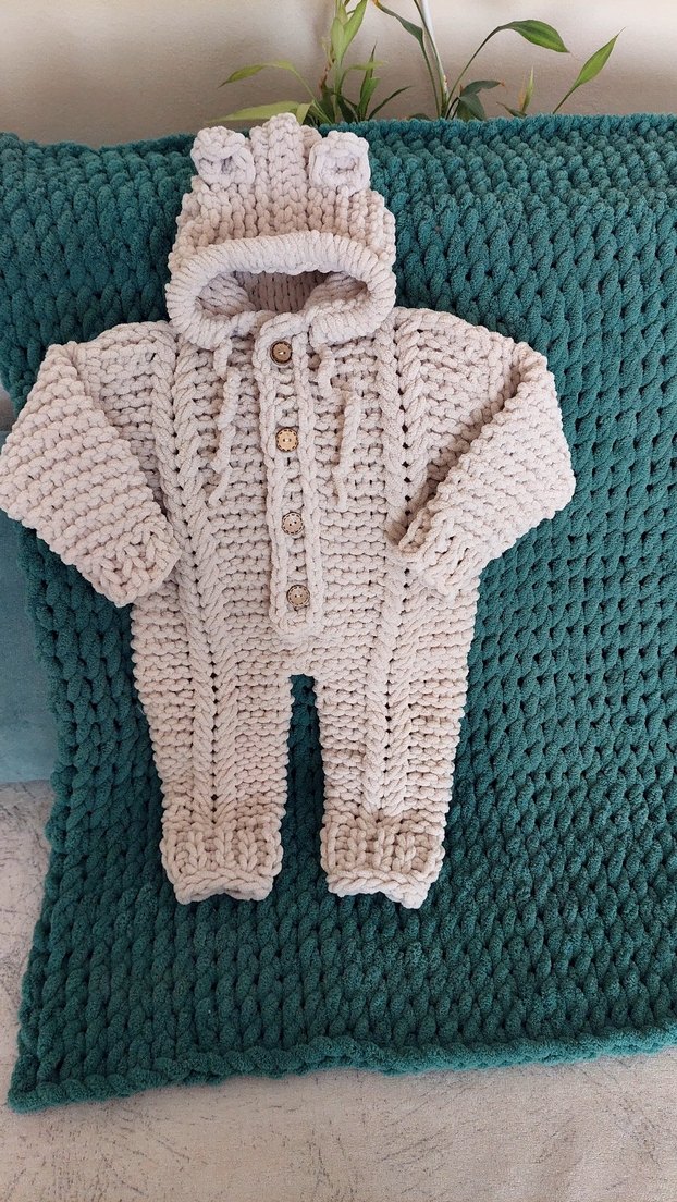 Kapüşonlu Gri Örgü Bebek Tulumu - Görsel 2