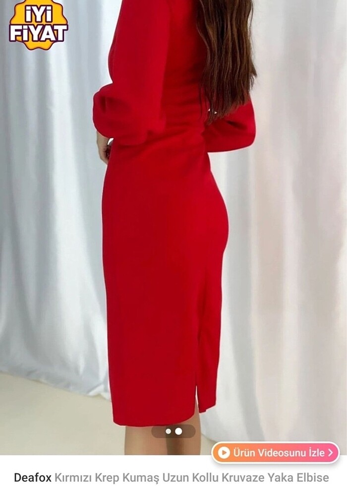 Kırmızı Krep kumaş uzun kollu kruvaze yaka elbise - Görsel 2