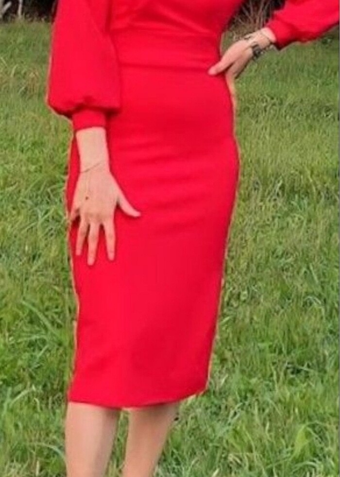 Kırmızı Krep kumaş uzun kollu kruvaze yaka elbise - Görsel 4