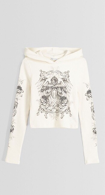 s Beden Bershka desenli kapüşonlu sweatshirt bluz