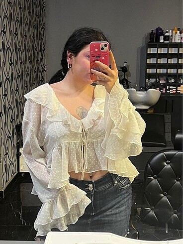 l Beden beyaz Renk Bershka volanlı transparan tül bluz
