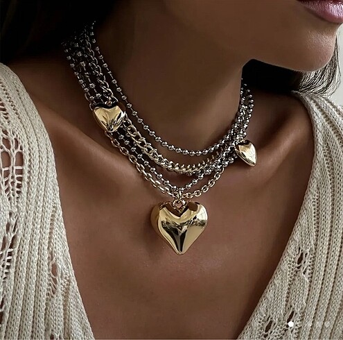 Kalpli Silver gold karışık kalp kolye