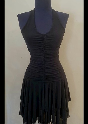 Siyah Pilili Üstü Drape Detaylı V Yaka Elbise