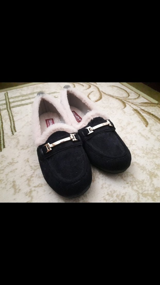 Siyah Peluş Astarlı Tokalı Kadın Babet Ev Ayakkabısı - Görsel 2