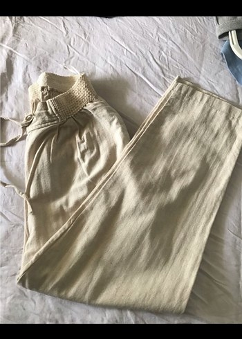 m Beden Bej Bohem Pilili Keten Kadın Pantolon