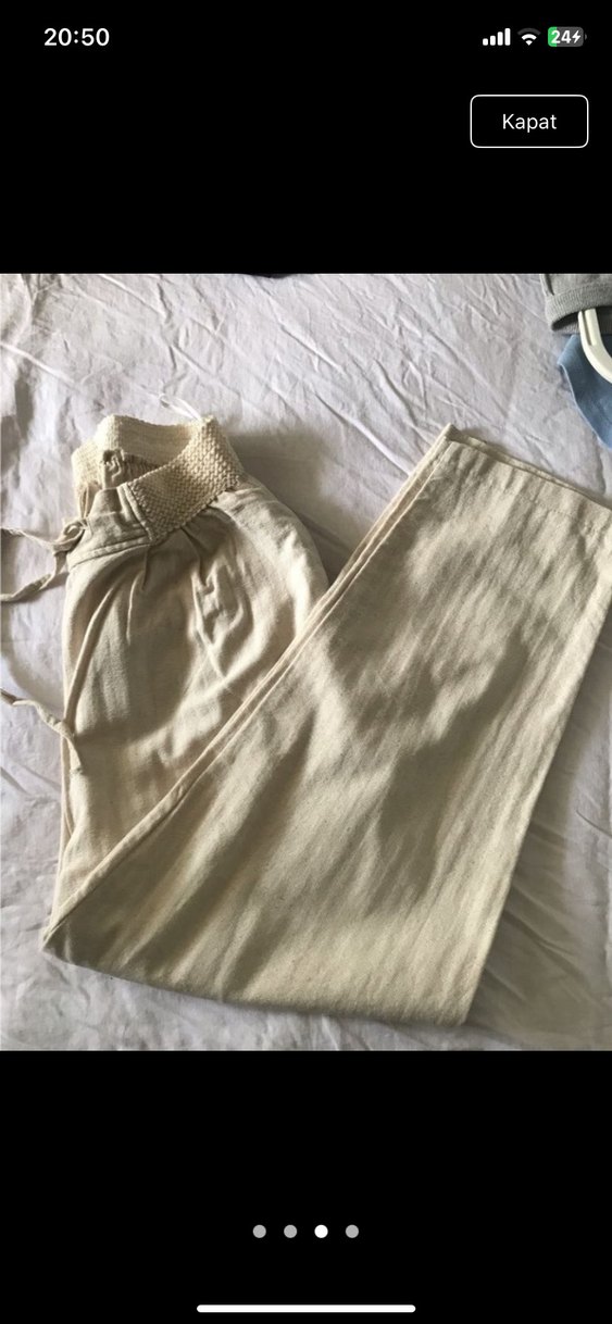 Bej Bohem Pilili Keten Kadın Pantolon - Görsel 3