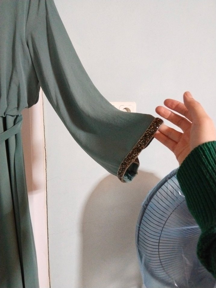 Uzun Kol, Kemerli Turkuaz Bohem Elbise - Görsel 3