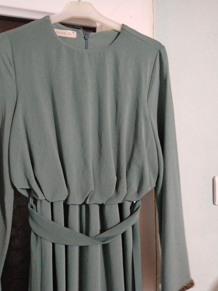 Uzun Kol, Kemerli Turkuaz Bohem Elbise - Görsel 2