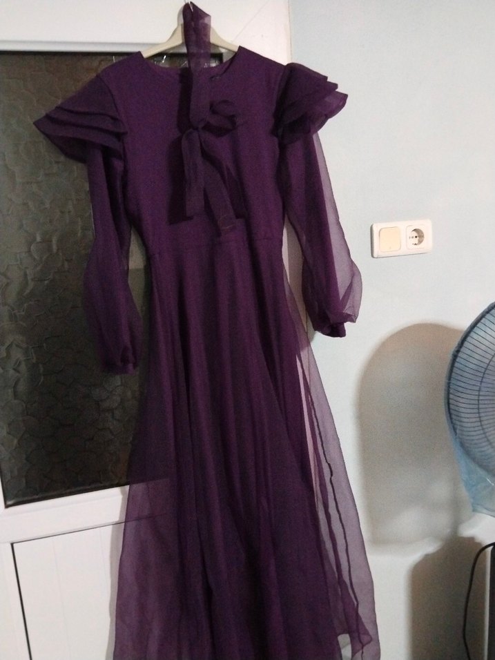 Uzun Mor Kadın Elbise Fırfır Detaylı - Görsel 2