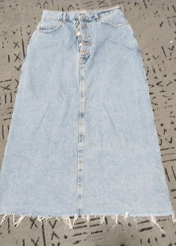 Düğmeli Midi Bol Paça Bej Kot Etek - Görsel 2