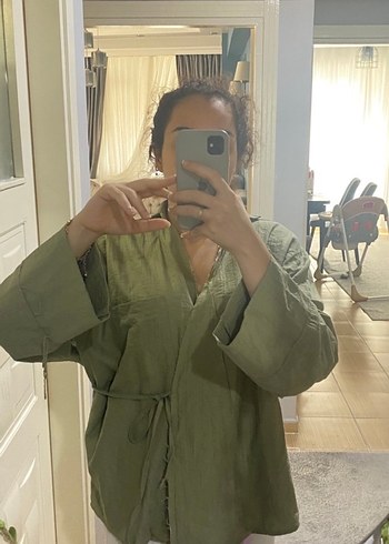 Kadın Haki Keten Midi Kimono