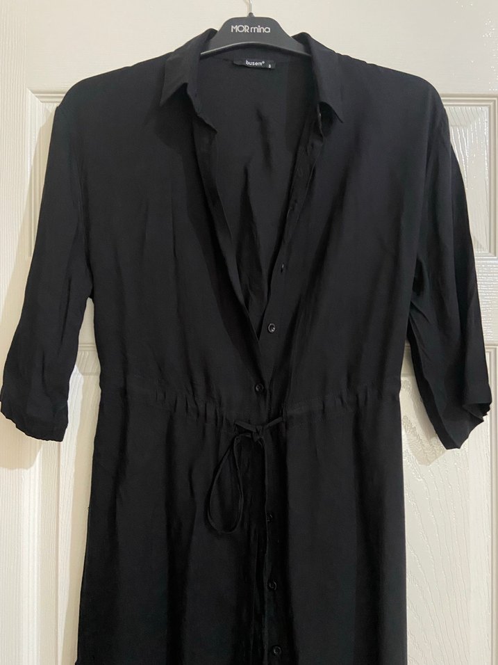 Düğmeli Siyah Uzun Gömlek Elbise - Görsel 2