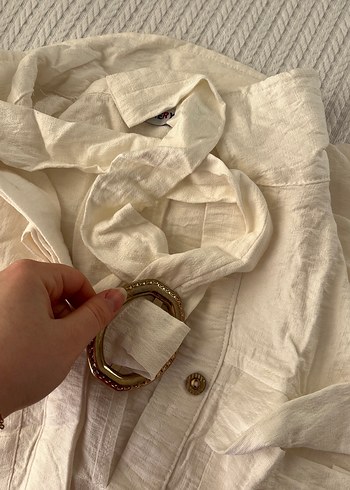 Beyaz Keten Kadın tulum - Kısa Kollu, Düğmeli - Görsel 4