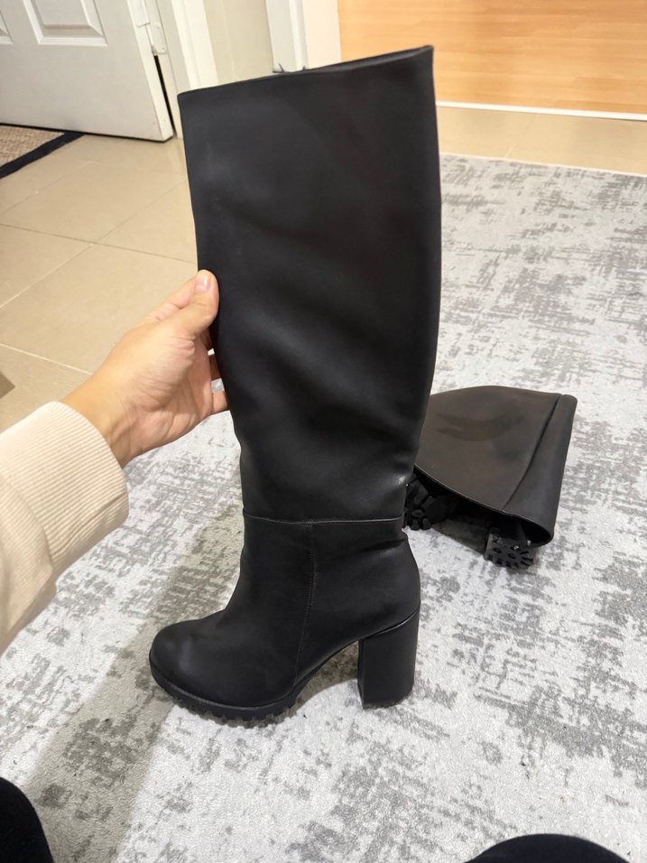 Kadın Siyah Deri Tokalı Dizüstü Topuklu çizme - Görsel 3