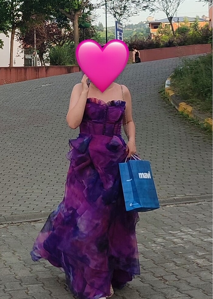 mor tül uzun abiye elbise - Görsel 3