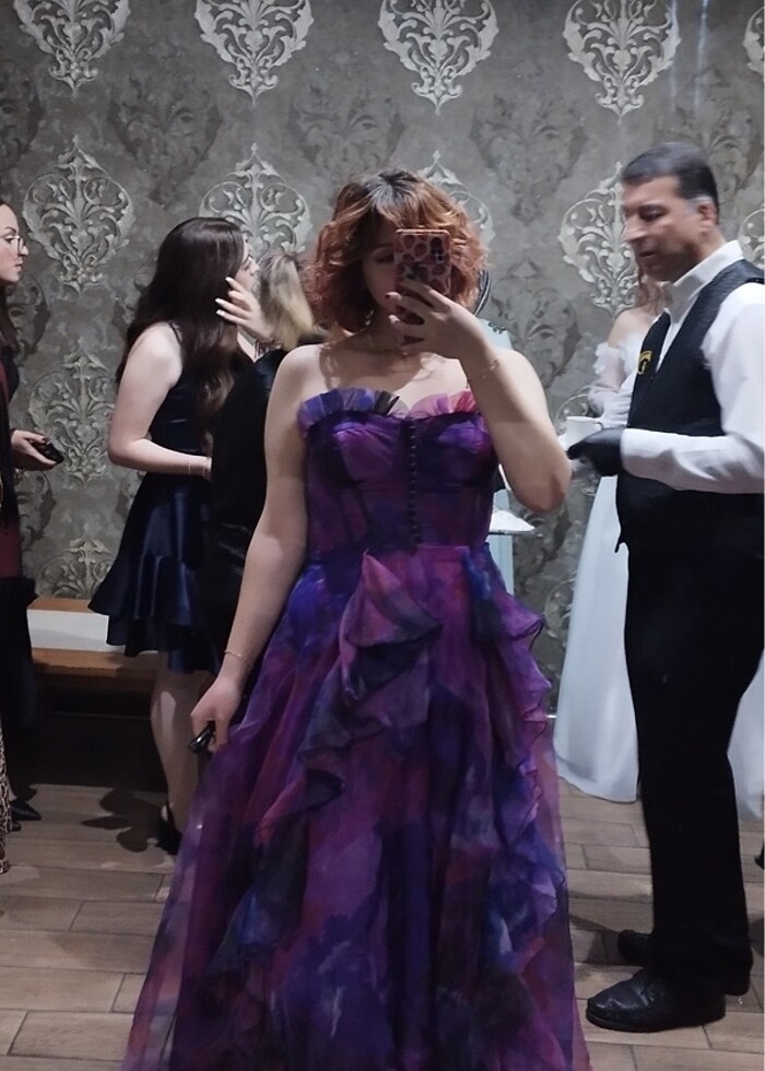 mor tül uzun abiye elbise - Görsel 2