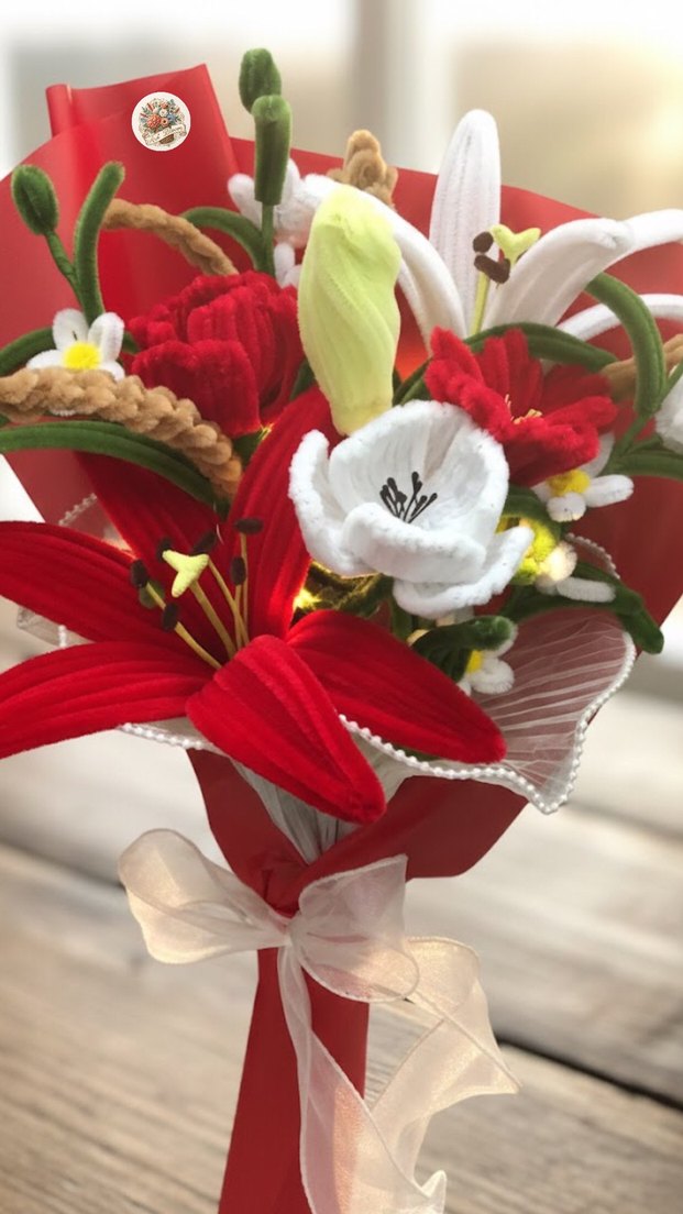 El Yapımı Şönil Kırmızı Çiçek Buketi - Görsel 2