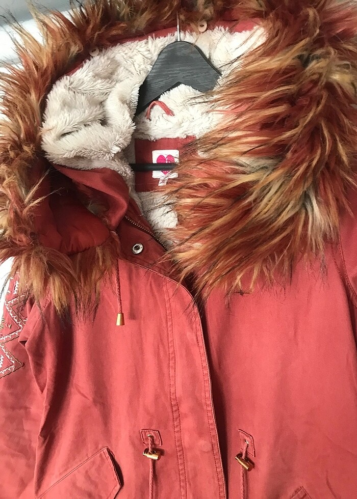 Suni Kürk Kapüşonlu Parka Kiremit renk - Görsel 2