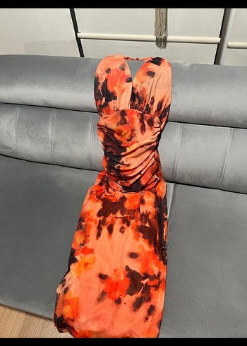 Straplez Bağlama Desenli Kadın elbise - Görsel 3