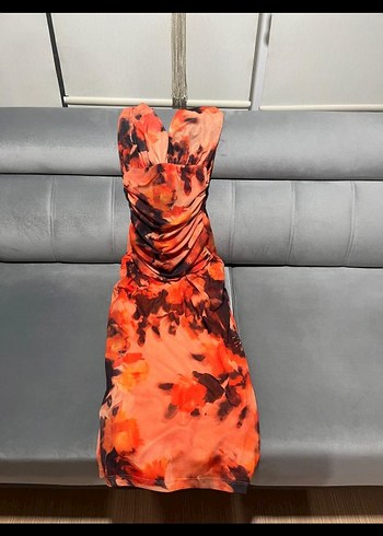 Straplez Bağlama Desenli Kadın elbise - Görsel 4