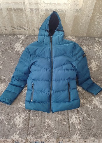 Mavi Kapüşonlu Kadın Kışlık Mont - Görsel 2