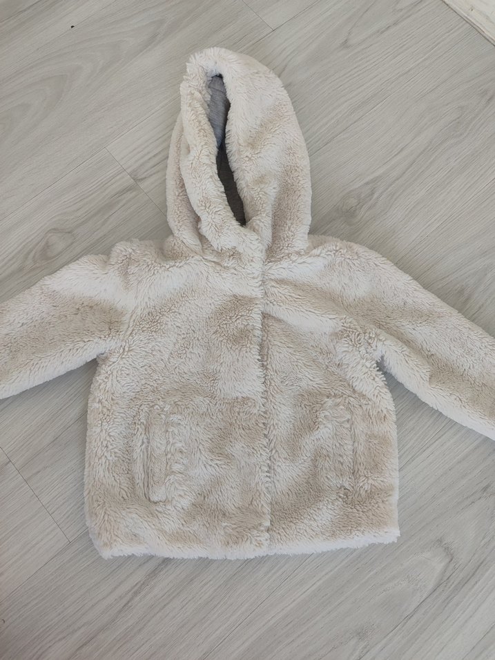 Kız Çocuk Kapüşonlu Bej Peluş Mont - Görsel 2