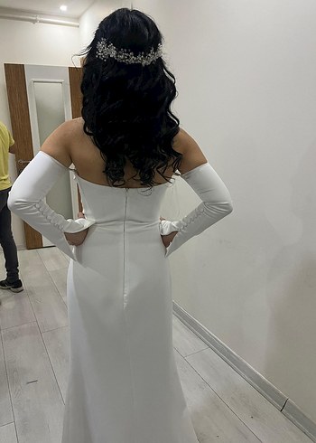 Straplez Uzun Kollu Beyaz Düz Abiye - Görsel 4