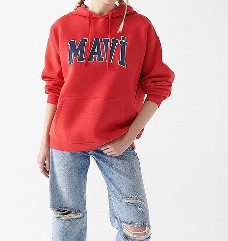 Mavi Kırmızı Kapüşonlu Sweatshirt Oversize