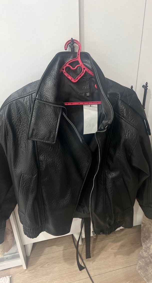 Zara Kadın Siyah Deri Biker Ceket - Görsel 3