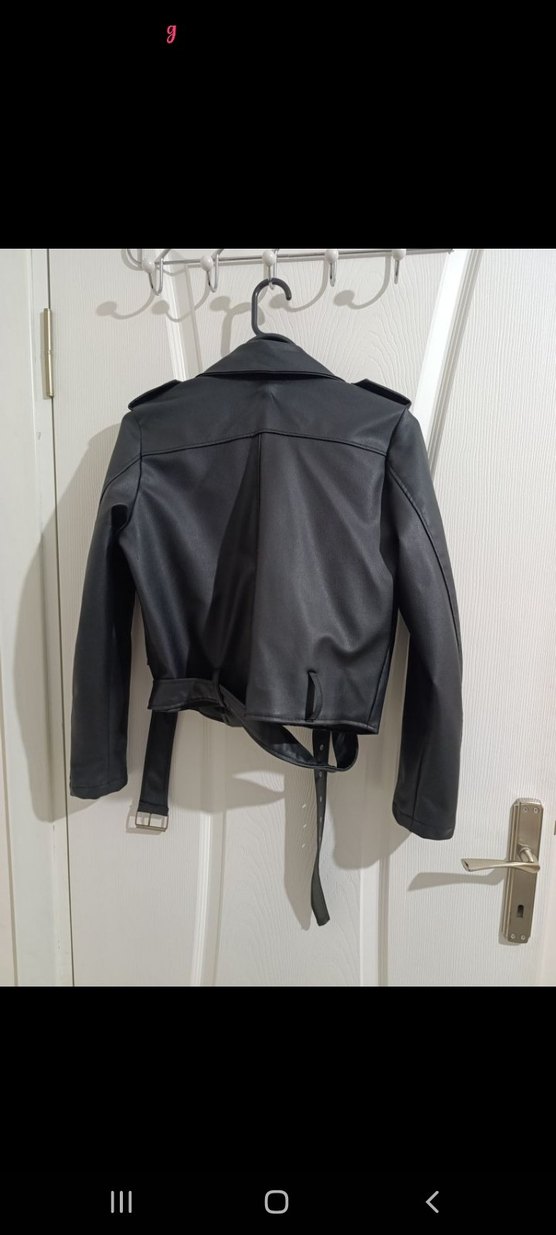 Siyah Kemerli Mini Deri Biker Ceket - Görsel 2