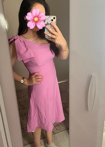 Pembe Midi Drapeli Tek Omuz Elbise