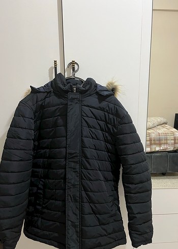 diğer Beden Siyah Kadın Midi Kaban, Kürklü Detaylı