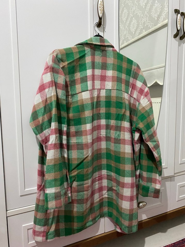 Düğmeli, Geniş Kesim Kareli Kadın Gömlek - Görsel 3