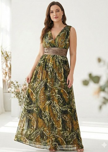 Kahverengi V Yakalı Kemerli Uzun Bohem Elbise - Görsel 4