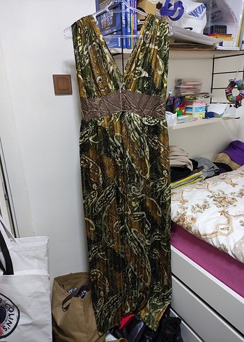 Kahverengi V Yakalı Kemerli Uzun Bohem Elbise - Görsel 8