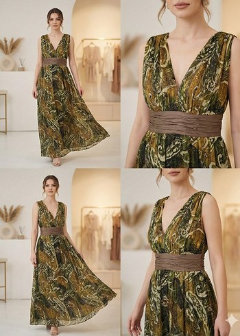 Kahverengi V Yakalı Kemerli Uzun Bohem Elbise - Görsel 3