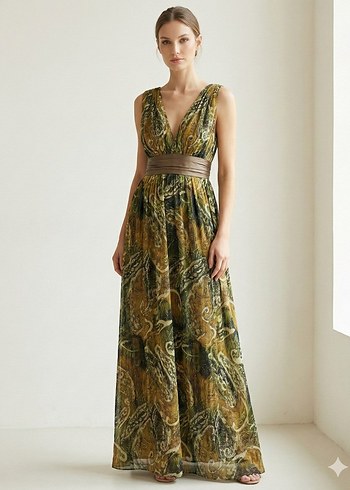 Kahverengi V Yakalı Kemerli Uzun Bohem Elbise - Görsel 2