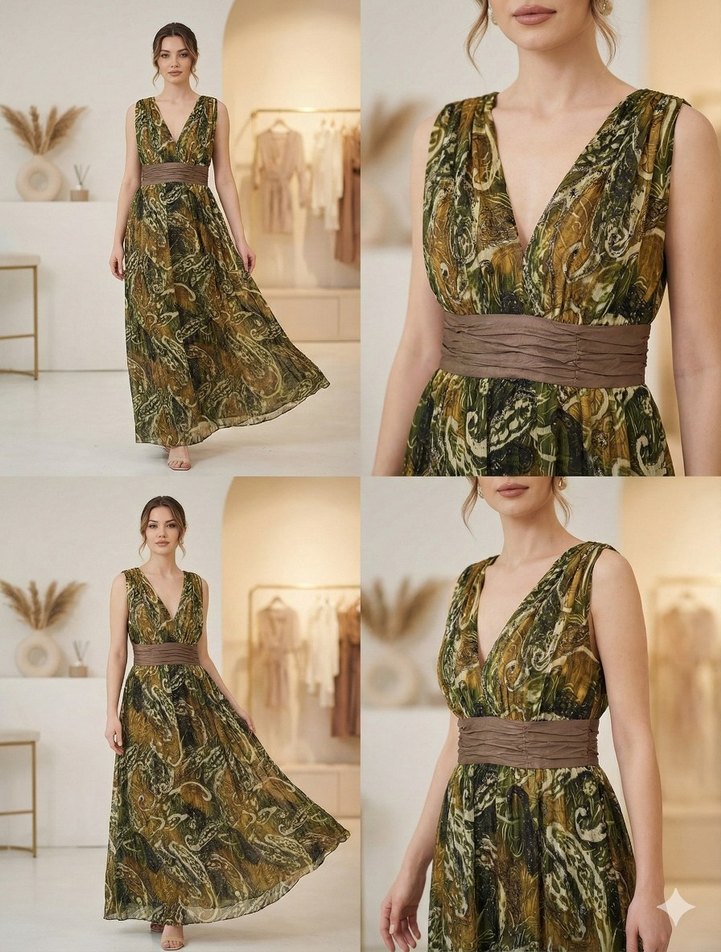 Kahverengi V Yakalı Kemerli Uzun Bohem Elbise - Görsel 3