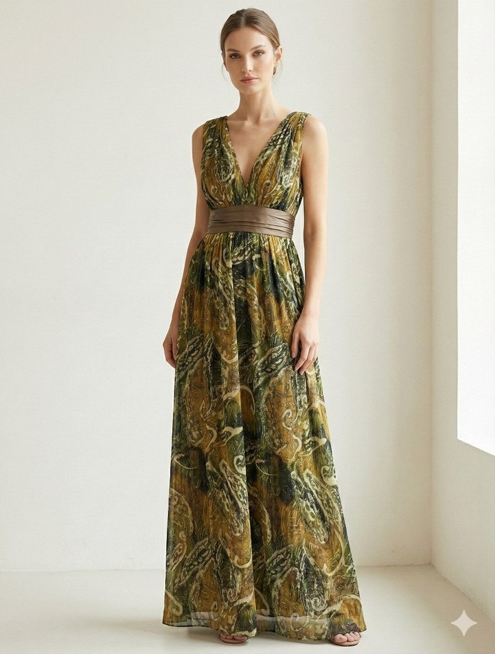 Kahverengi V Yakalı Kemerli Uzun Bohem Elbise - Görsel 2