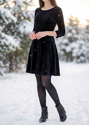 Siyah Kadife Kadın Midi Uzun Kollu Elbise - Görsel 2