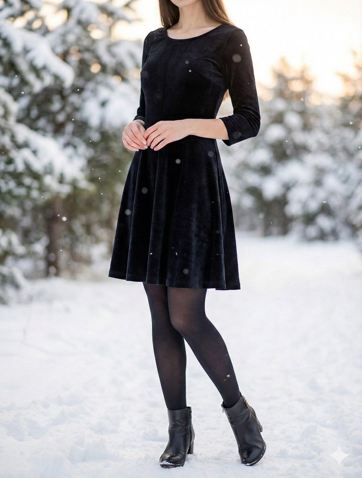 Siyah Kadife Kadın Midi Uzun Kollu Elbise - Görsel 2