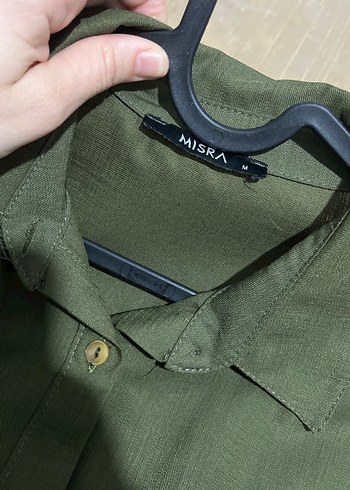 Uzun Kollu Khaki Keten Elbise - Görsel 3