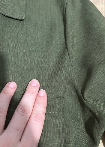 Uzun Kollu Khaki Keten Elbise - Görsel 2