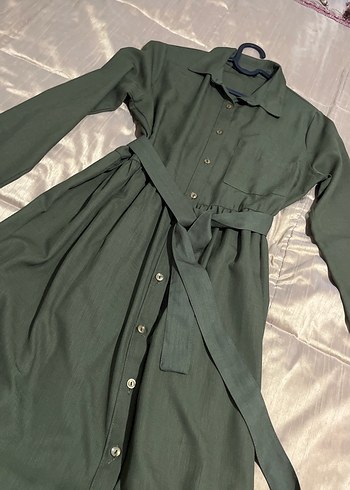 Uzun Kollu Khaki Keten Elbise - Görsel 4